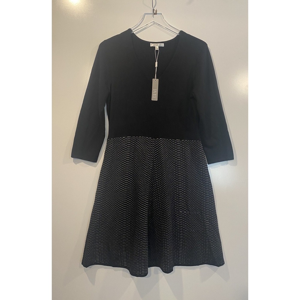 Spense Womens Black Geometric Knit Fit Flare V-Neck Sweater Dress Size Large